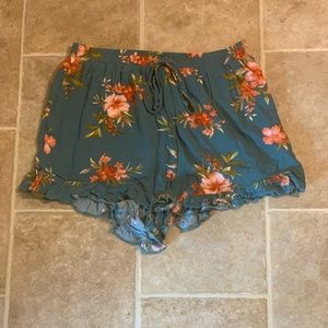 American Eagle Teal Floral Ruffle Shorts